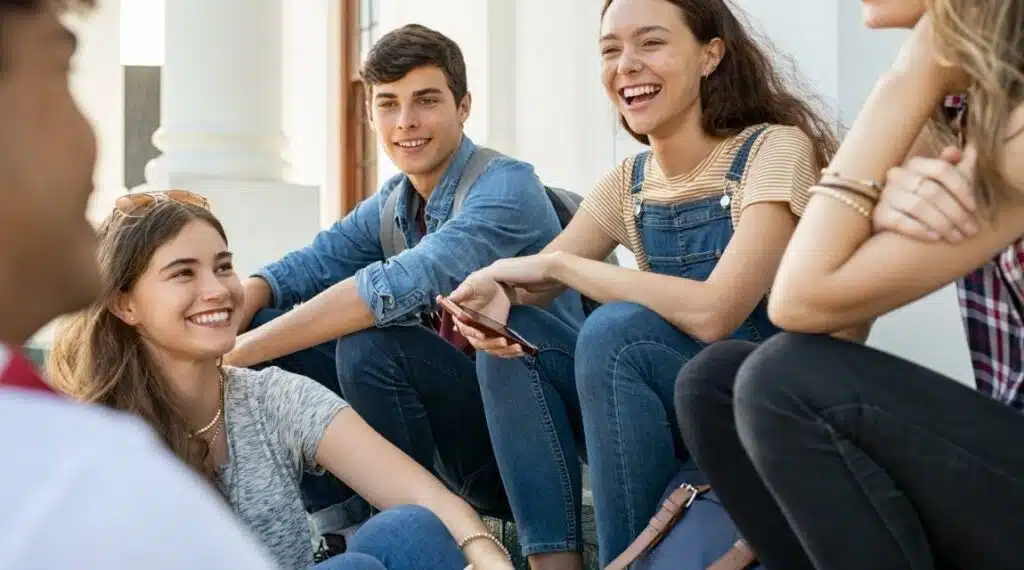 A group of adolescents sitting and laughing.